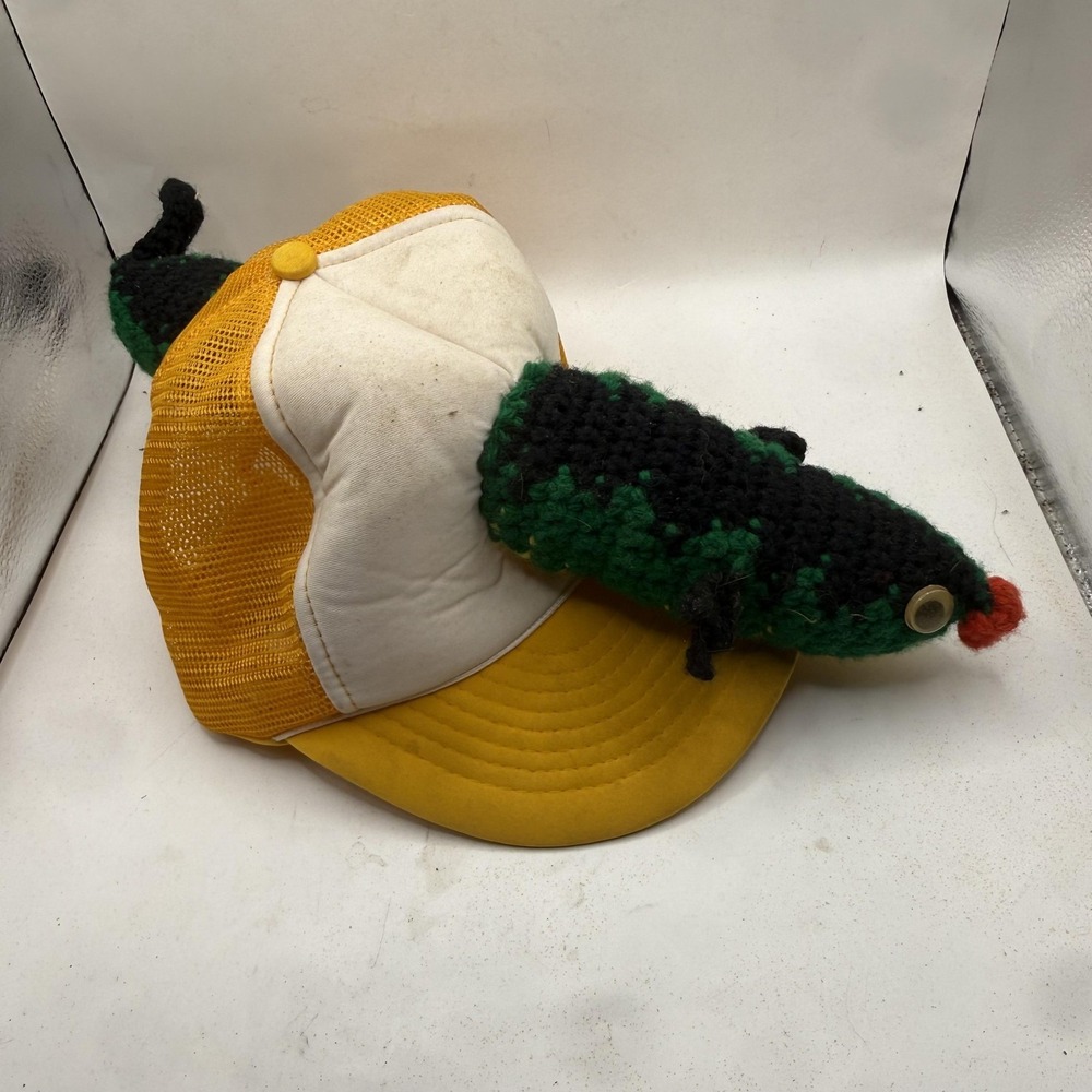 Vintage‎ CH Crochet Snake Hat Cap Mens L Yellow Mesh Trucker Novelty Funny